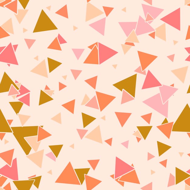 Resumen de patrones sin fisuras con coloridos triángulos pequeños caóticos de color rosa, oro, naranja en rosa pastel