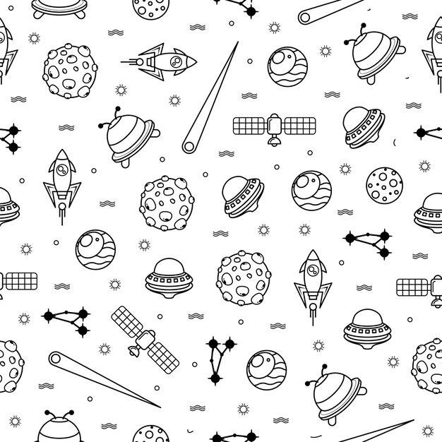 Resumen de patrones sin fisuras Doodle Collection Aliens Ufo Planets Galaxy Space Logo Vector Design Style
