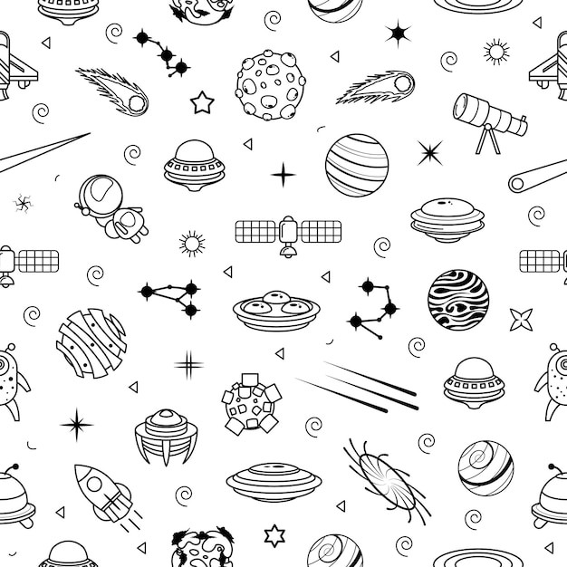 Resumen de patrones sin fisuras Doodle Collection Aliens Ufo Planets Galaxy Space Logo Vector Design Style