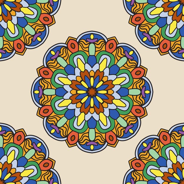 Resumen de patrones sin fisuras con flor de mandala. Mosaico, azulejo, lunares. Fondo de flores.