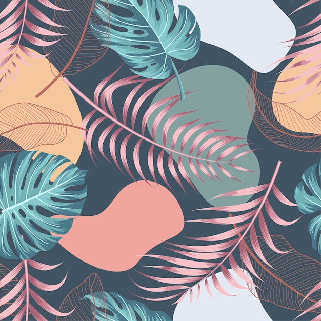 Resumen de patrones sin fisuras florales con hojas de fondo tropical