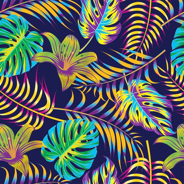 Resumen de patrones sin fisuras florales con hojas de fondo tropical