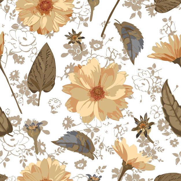Resumen de patrones sin fisuras con flores dibujadas a mano aisladas sobre fondo floral Vector