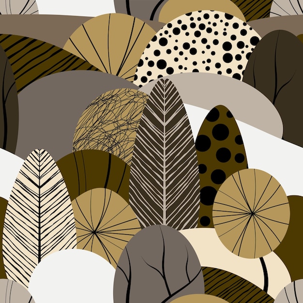 Resumen de patrones sin fisuras con plantas hojas bosque tema Plantilla de vector de textura de sorteo de mano