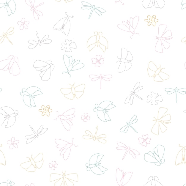 Resumen de patrones sin fisuras con polillas de formas y libélulas Color pastel claro Fondo blanco