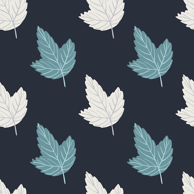 Resumen de patrones sin fisuras simples con hojas de contorno azul y blanco. fondo oscuro azul marino. perfecto para diseño de telas, estampado textil, envoltura.