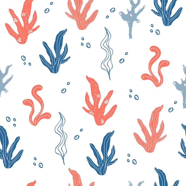 Resumen de patrones marinos sin costuras con algas y corales en color moderno Tema marino Gráfico vectorial
