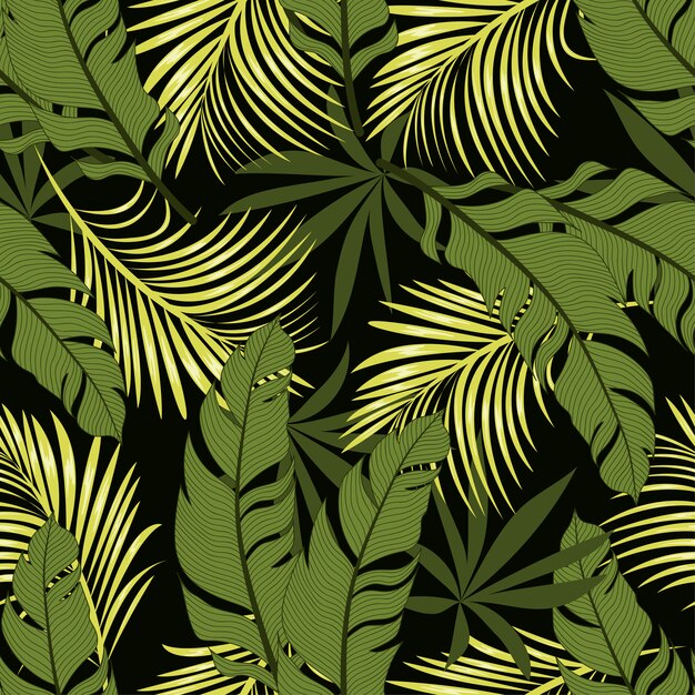 Resumen de patrones tropicales sin fisuras con hojas y plantas brillantes sobre un fondo negro