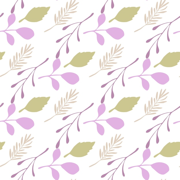 Resumen ramas y hojas de patrones sin fisuras sobre fondo blanco. Telón de fondo de vector en estilo plano para cubiertas textiles o de libros, fondos de pantalla, diseño, arte gráfico, envoltura