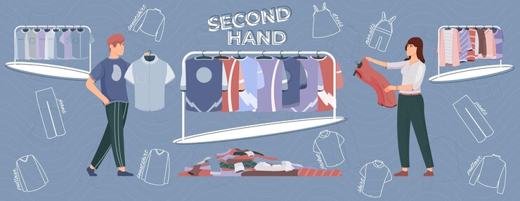 Vector resumen de ropa de segunda mano con ilustración de vector plano de símbolos de tienda de ropa