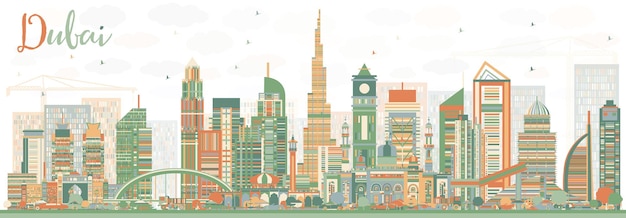 Resumen skyline de dubai emiratos árabes unidos con edificios de color. ilustración de vector. ilustración de viajes de negocios y turismo con arquitectura moderna. imagen para el cartel de presentación y el sitio web.