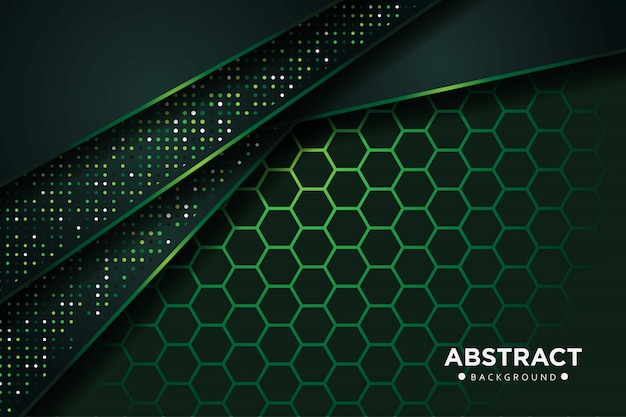 Resumen superposición de color verde oscuro con puntos de brillos y diseño de malla hexagonal fondo de tecnología futurista de lujo moderno