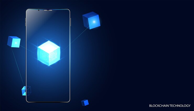 Vector resumen tecnología blockchain criptomoneda y fintech cubo cuadrado y operaciones criptográficas telefónicas