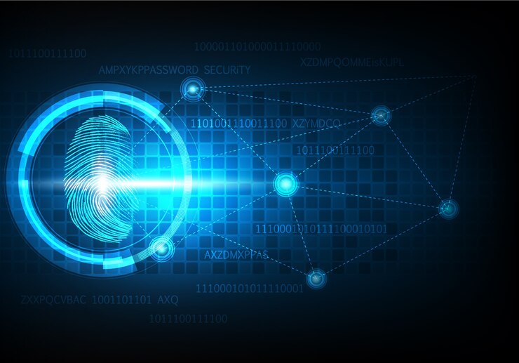 Vector resumen de tecnología cibernética futurista con protección de seguridad de frigerprint