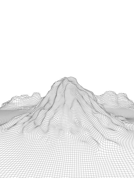 Resumen vector estructura alámbrica paisaje fondo 3D malla futurista montañas 80s Ilustración retro Valles de tecnología ciberespacial