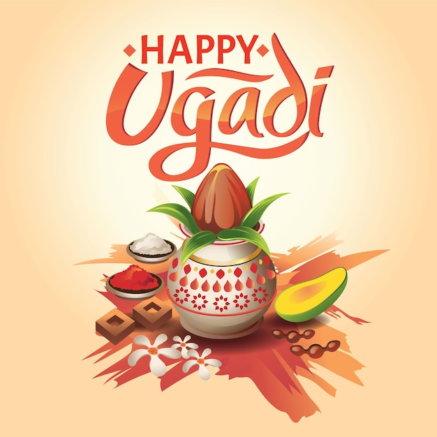 Resumen de vectores creativos para happy ugadi con una ilustración de diseño agradable y hermoso