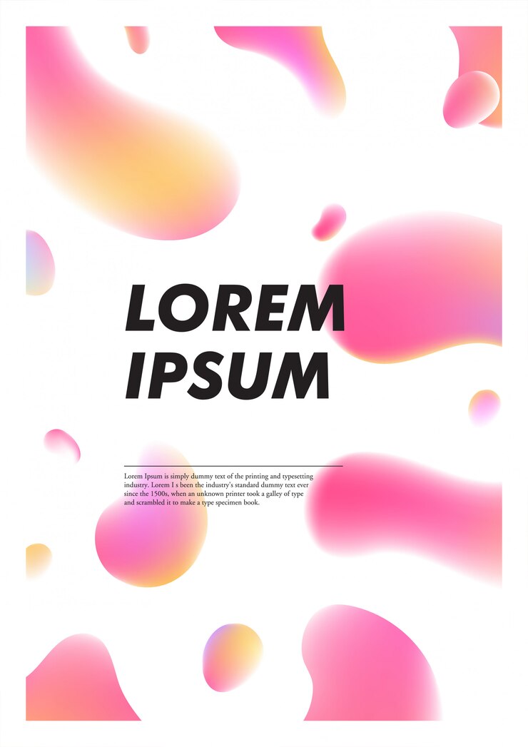 Vector resumen vertical con gotas de plasma brillante líquido. plantilla de portada con coloridas formas fluidas.