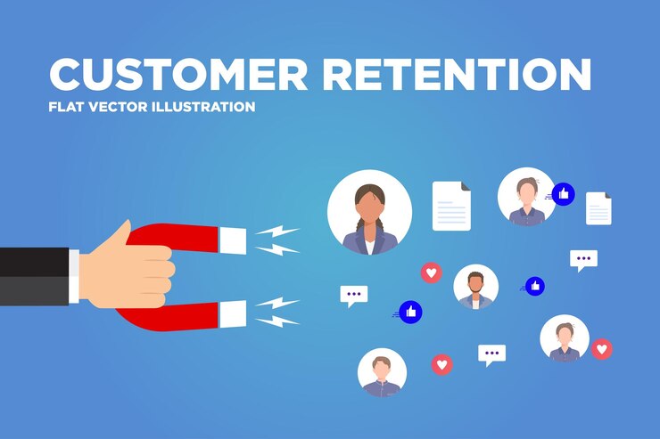 Retención de clientes atraer clientes soporte al cliente y servicio pancarta de vector plano