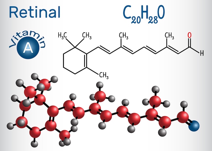 Vector el retinaldehído retinal es vitamina a fórmula química estructural y modelo molecular