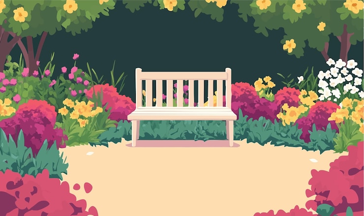 Vector retiro tranquilo en el jardín una escena acogedora con un banco