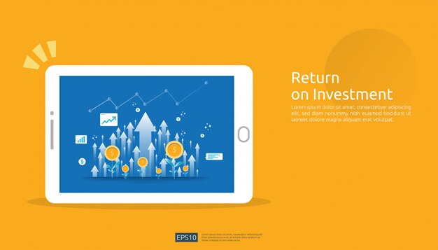 Retorno de la inversión, concepto de oportunidad de beneficio. flechas de crecimiento empresarial para el éxito en la pantalla de la tableta. gráfico gráfico aumentar y crecer planta de monedas de dólar.