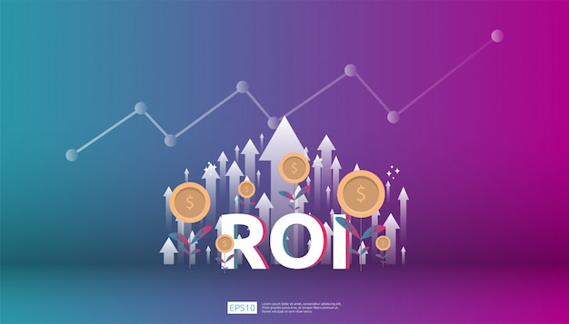 Retorno de la inversión, concepto de oportunidad de beneficio. Flechas de crecimiento empresarial para el éxito. Texto de ROI con gráfico de flecha de éxito aumentar y crecer planta de monedas de dólar.