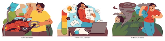 Los retos diarios ilustrados representan problemas sociales desde accidentes a problemas ambientales y