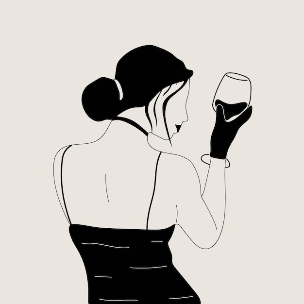 Retrato abstracto de mujer con copas de vino. mujer bebe vino. amantes de la vid minimalista. de moda