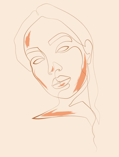 Retrato abstracto de una niña de una línea continua con detalles en naranja en el rostro