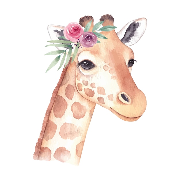 Vector retrato de acuarela dibujado a mano de una jirafa con un ramo de flores