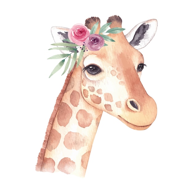 Retrato de acuarela dibujado a mano de una jirafa con un ramo de flores