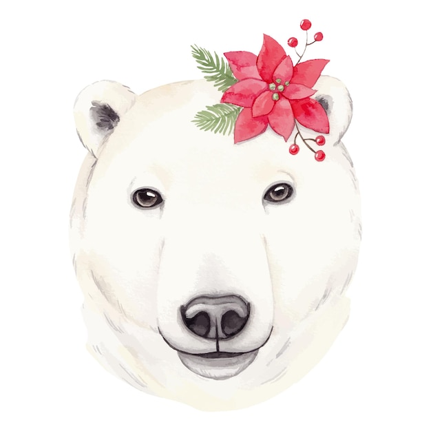 Vector retrato de acuarela dibujado a mano de un oso polar con flores de navidad