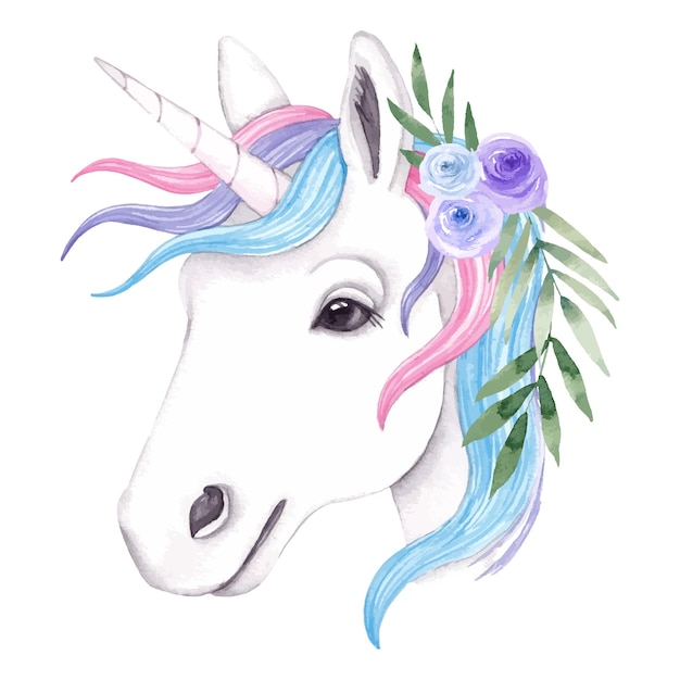 Retrato de acuarela dibujado a mano con un unicornio y flores.