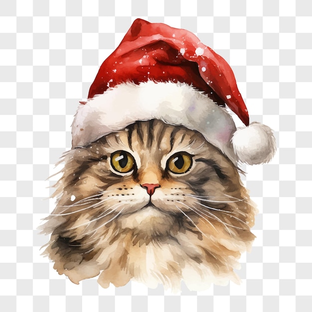 Retrato en acuarela de un gato con sombrero de Papá Noel