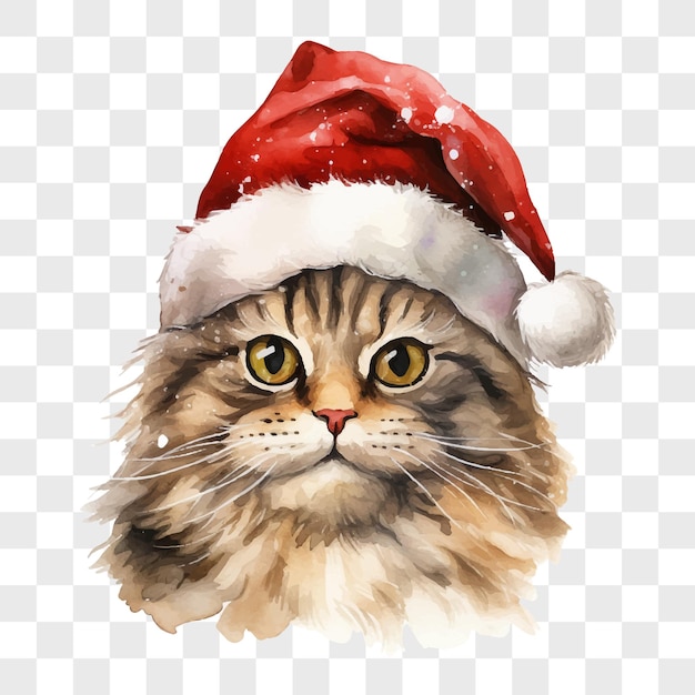 Retrato en acuarela de un gato con sombrero de papá noel