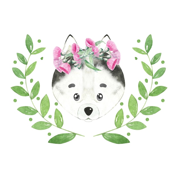 Retrato de acuarela de perro husky. Ilustración dibujada a mano del personaje lindo cachorro.