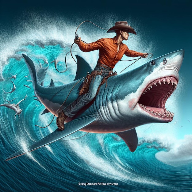 Vector retrato de un americano ee.uu. hombre montando caballo tiburón montando tiburón blanco vaquero arte vectorial