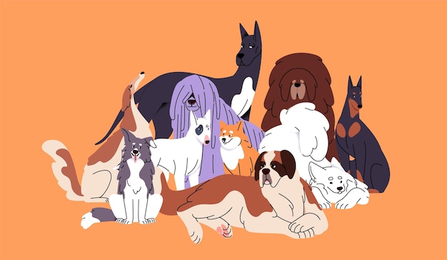 Retrato de amigos peludos de diferentes razas caninas Grupo gracioso de grandes perros felices cachorros de gran danés borzoi akita inu dobermann border collie st bernard Ilustración vectorial plana