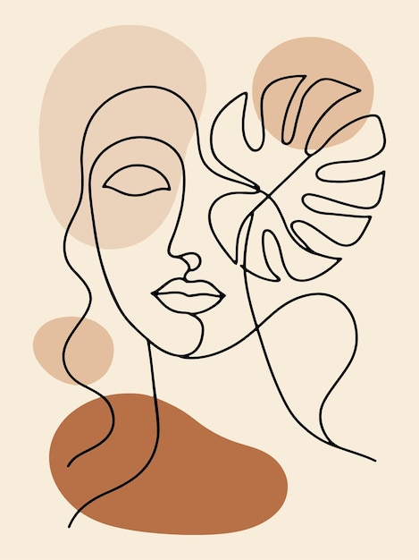 Retrato de arte de línea minimalista con hoja de Monstera