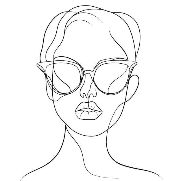 Retrato de arte de línea minimalista de una mujer con gafas de sol elegantes