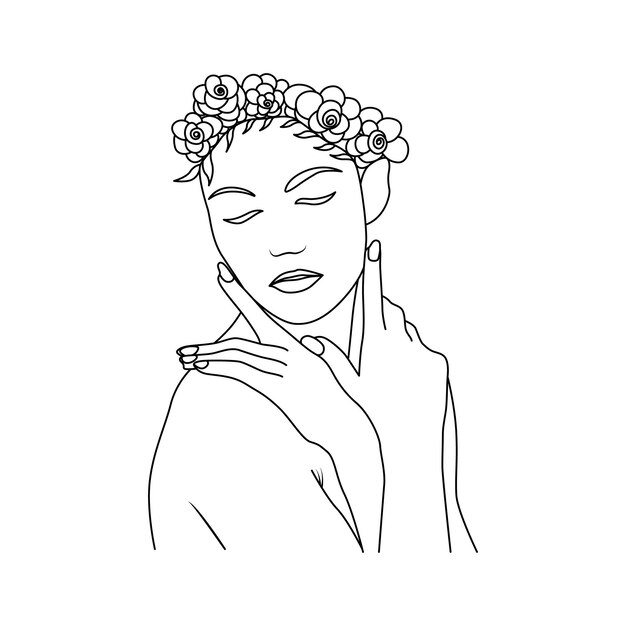 Retrato de arte de una línea de mujer peonía Cabeza de flor Mujer dibujo de línea