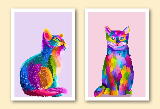 Retrato de arte pop de gato colorido en marco aislado decoración listo para imprimir diseño de cartel