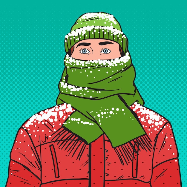 Retrato de arte pop de hombre congelado en ropa de invierno abrigada. clima frío.