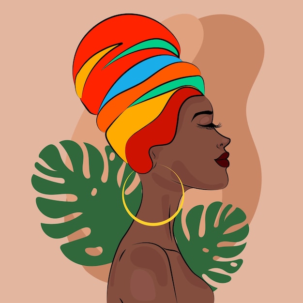 Retrato, de, beaurtiful, mujer afro, en, turbante, acción, ilustración, licencia, plano de fondo