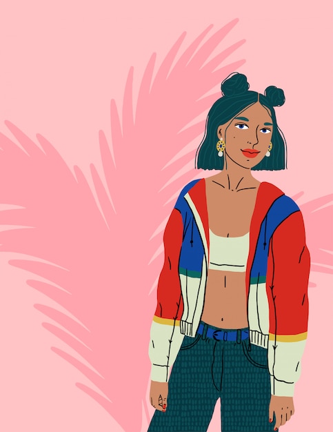 Retrato de una bella mujer elegante vestida a la moda en estilo deportivo funky. ilustración de chica aislada sobre fondo blanco. personaje femenino.