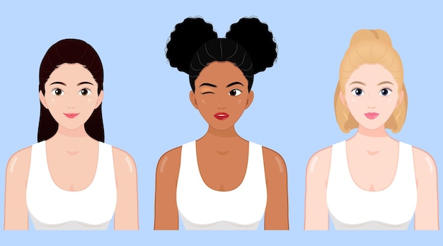 Vector retrato de belleza de tres jóvenes mujeres multirraciales americanas africanas asiáticas con antecedentes azules