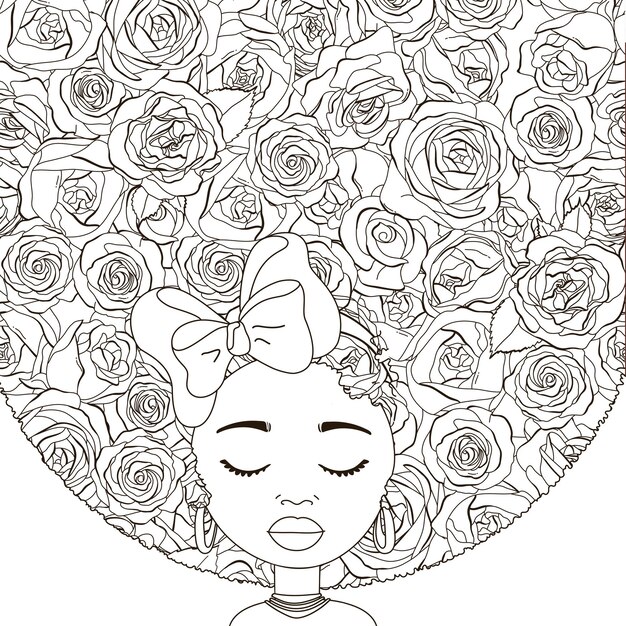 Vector retrato en blanco y negro de una linda chica con un peinado de flores rosas al estilo garabato