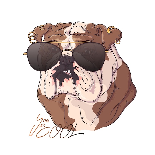 Retrato de bulldog dibujado a mano con accesorios