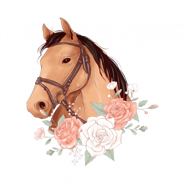 Retrato de caballo en estilo acuarela digital y un ramo de rosas