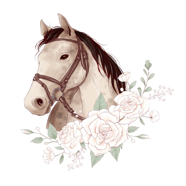 Retrato de caballo en estilo acuarela digital y un ramo de rosas